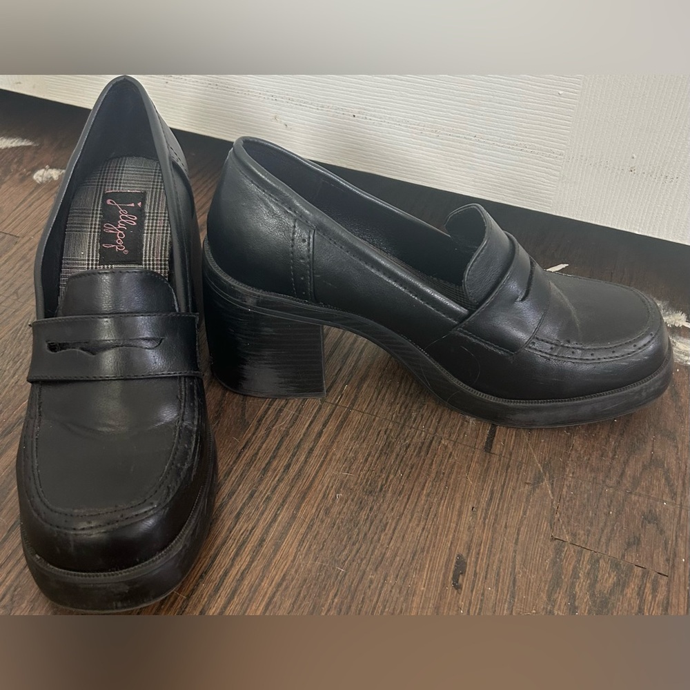 Black Leather Chunky Heel Loafers